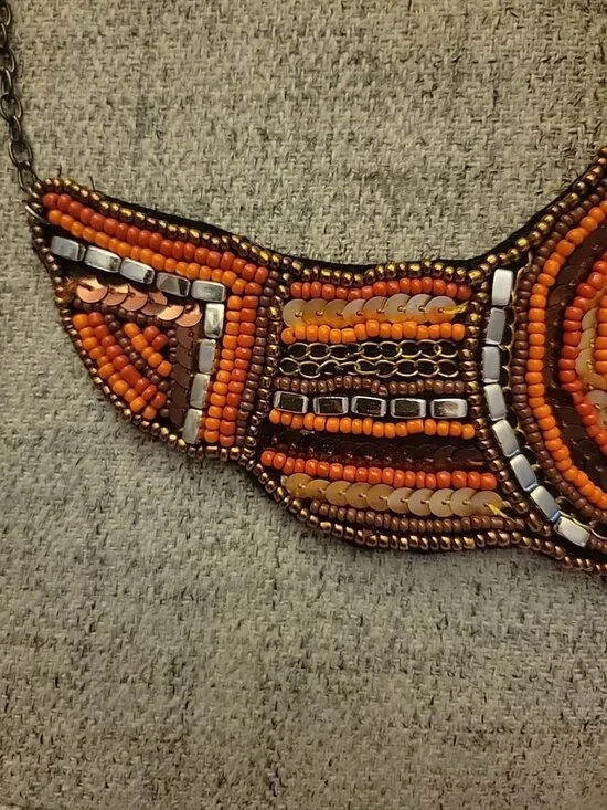 Ethnic Beaded Bib Collar Necklace Seedbeads Chains Sequins Handmade 80s - Picture 5 of 9